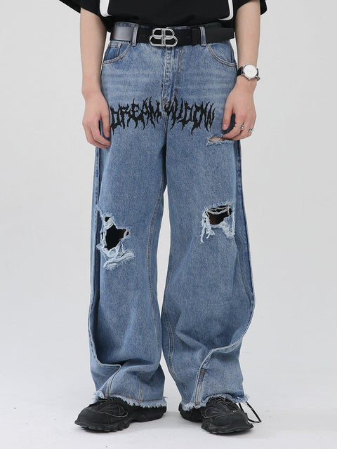 Gothic Alphabet Hole Jeans - Anagoc