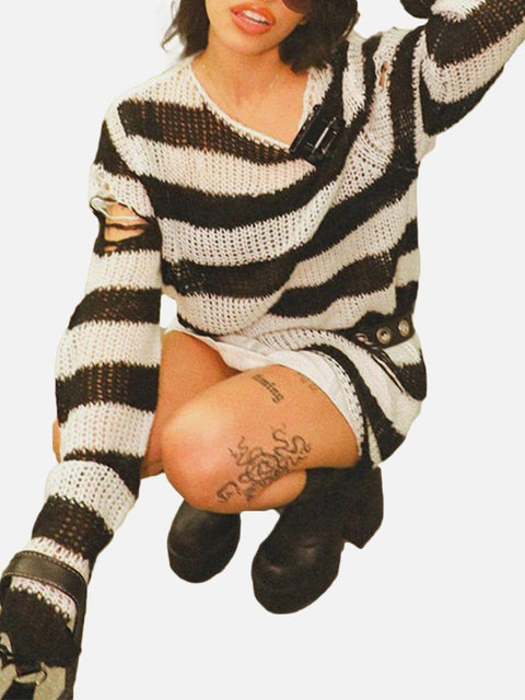 Cut Stripe Hollow Sweater - Anagoc
