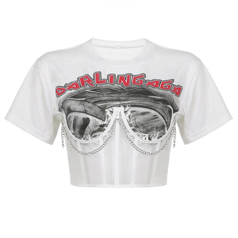 Dark Mesh Patchwork Chain Short Sleeve T Shirt - Anagoc