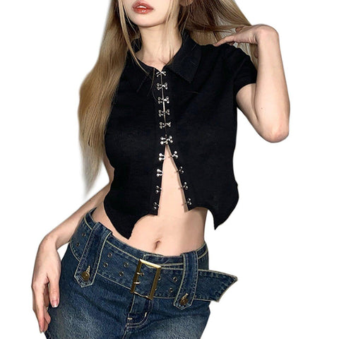 Punk Navel Metal Button Short Sleeve T Shirt - Anagoc