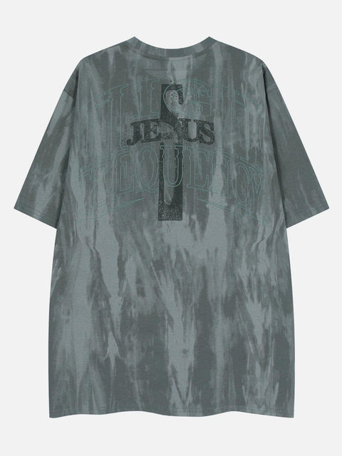 Washed Tie Dye Cross Letters Graphic Tee - Anagoc