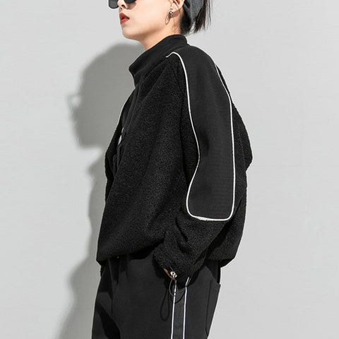 Dark Patchwork Drawstring Sherpa Sweatshirt - Anagoc