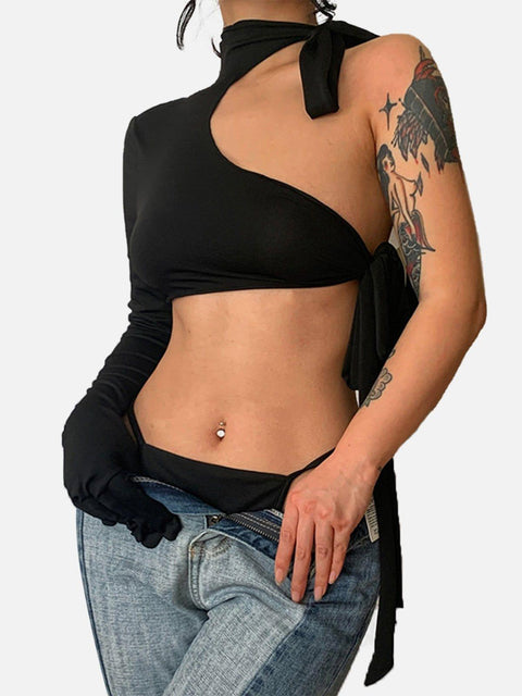 Irregular Halterneck Long Sleeve T Shirt - Anagoc