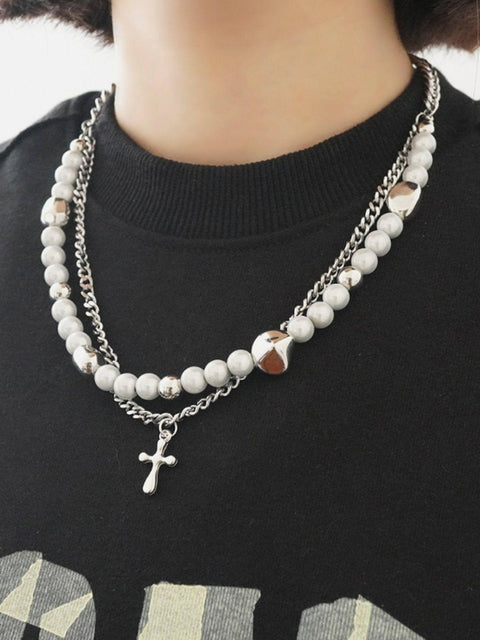 Personalized Pearl Cross Double Necklace - Anagoc