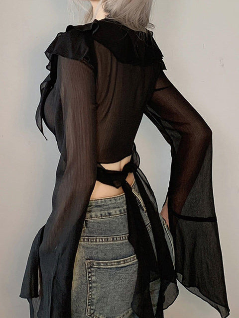 Mesh Ribbon Long Sleeve T Shirts - Anagoc