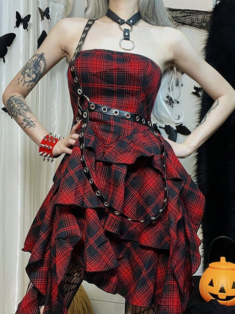 Plaid Irregular Dress - Anagoc