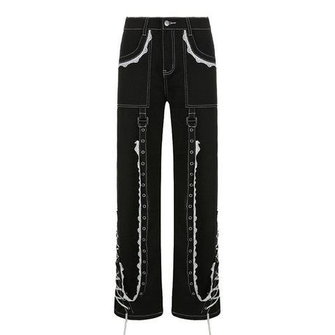 Lace Ribbons Straight Jeans - Anagoc