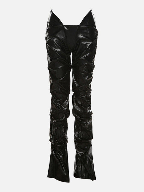 Technological Silver Pleated PU Pants - Anagoc