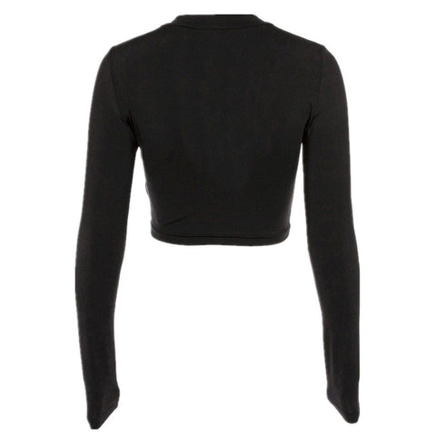 Dark Hollow Out Lace Long Sleeve Crop T Shirt - Anagoc