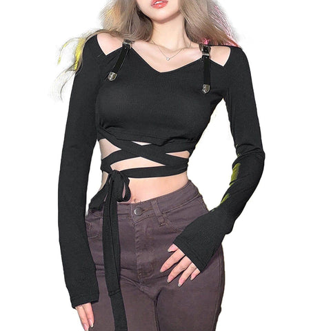 Navel Lace Up Long Sleeve Shirt - Anagoc
