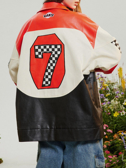 Contrasting Checkerboard Motosports Jacket - Anagoc