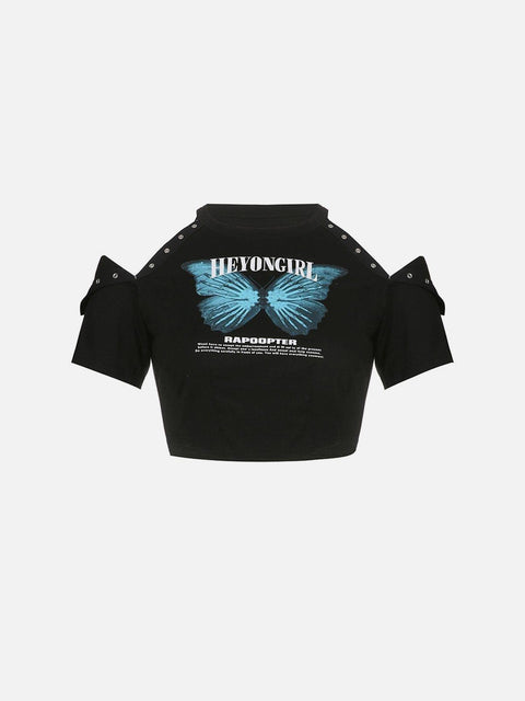 Hidden Buckle Butterfly Short Sleeve T Shirt - Anagoc