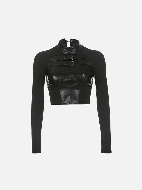 Leather Panel Metal Buckle Long Sleeve T Shirt - Anagoc