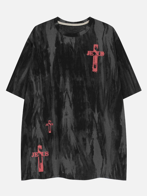Washed Tie Dye Cross Letters Graphic Tee - Anagoc