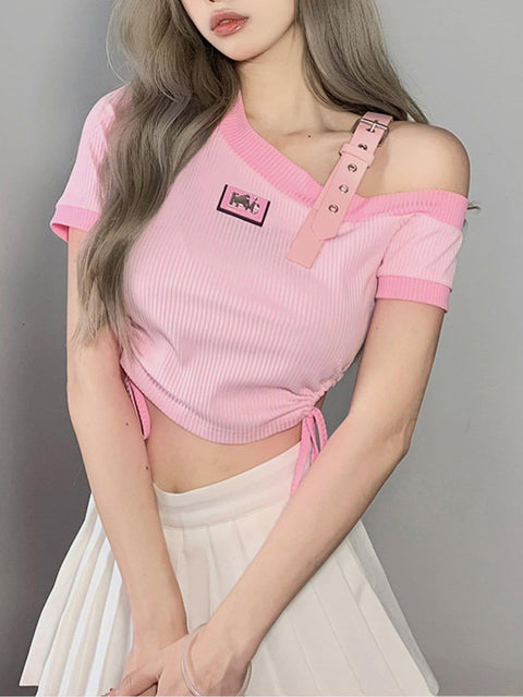 Irregular Shoulder Strap Short Sleeve T Shirt - Anagoc