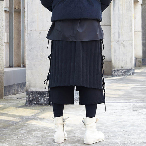 Dark Fake Two Bandage Oversized Thick Ankle-length Pants - Anagoc