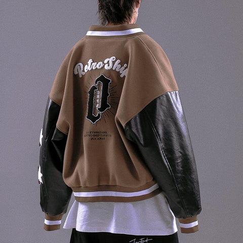 Stitching PU Sleeve Varsity Jacket - Anagoc