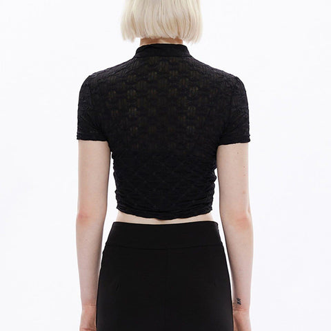 Punk Hollow Out Lace Cropped Short Sleeve T Shirt - Anagoc