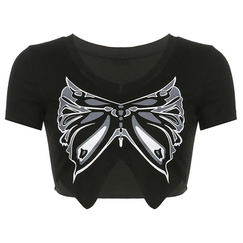 Butterfly Print Cropped Short Sleeve T Shirt - Anagoc