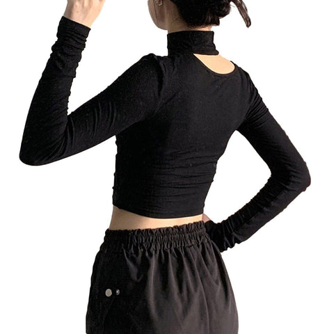 Hollow Sexy Halterneck Long Sleeve T Shirt - Anagoc