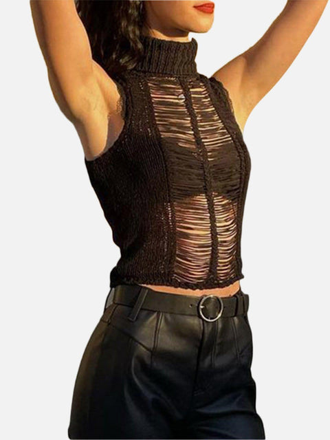 Dark Mesh Hollow Out Turtleneck Vest - Anagoc