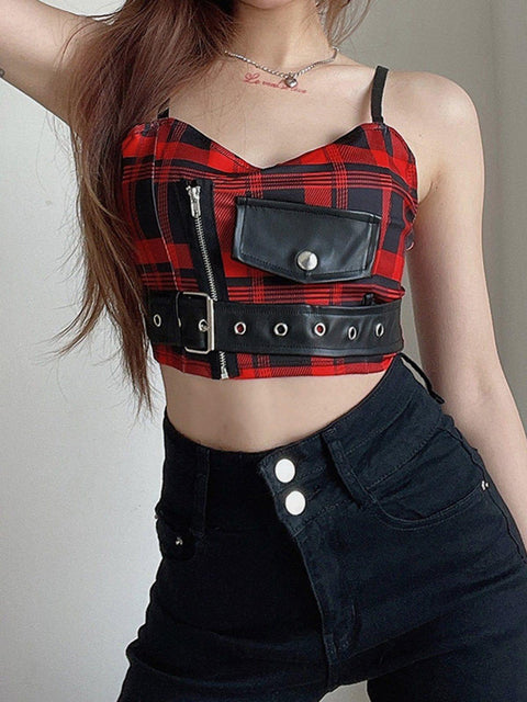 PU Buckle Patchwork Plaid Vest - Anagoc