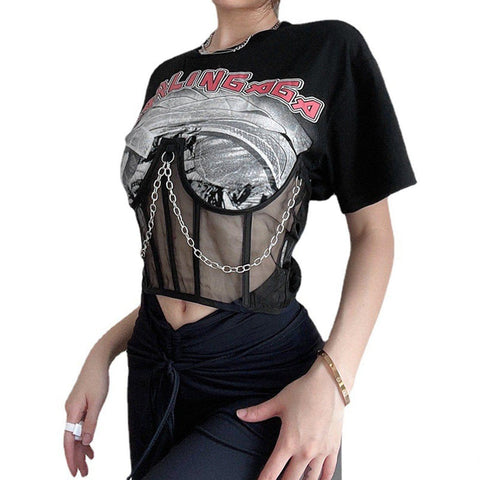 Dark Mesh Patchwork Chain Short Sleeve T Shirt - Anagoc