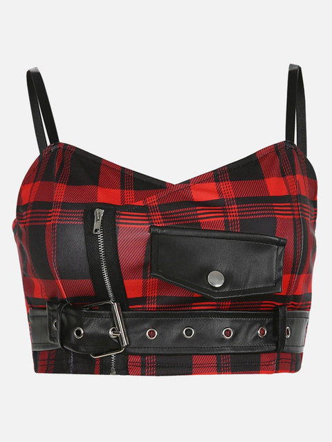 PU Buckle Patchwork Plaid Vest - Anagoc