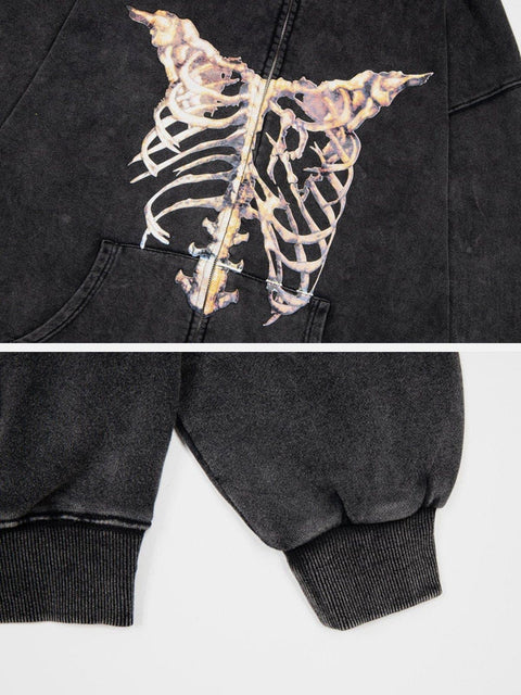 Washed Skeleton Pattern Zip Up Hoodie - Anagoc