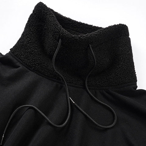 Dark Sherpa High-neck Drawstring Sweatshirt - Anagoc
