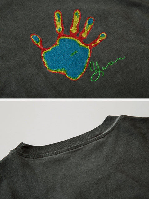 Neon Palm Embroidery Washed Tee - Anagoc