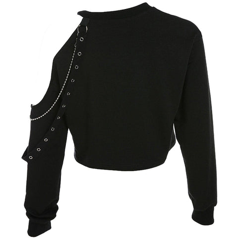 Single Shoulder Hollow Long Sleeve T Shirt - Anagoc