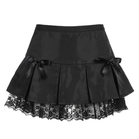 Sexy Short Bow Decorated Lace Pleated Skirt - Anagoc
