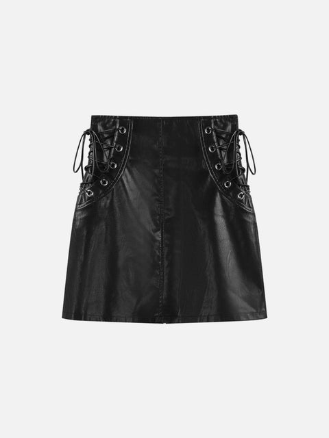 Side Straps Zip Up PU Skirt - Anagoc