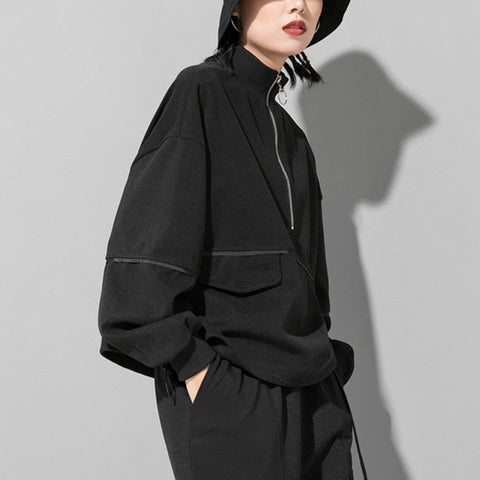 Dark Half Zipper Drawstring Sweatshirt - Anagoc