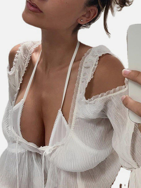 Irregular Splicing Tie Long Sleeve T Shirt - Anagoc