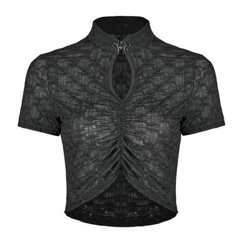 Punk Hollow Out Lace Cropped Short Sleeve T Shirt - Anagoc