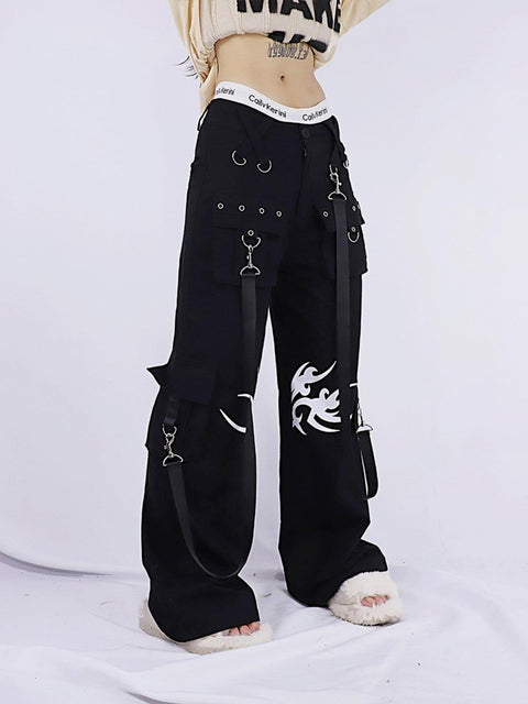 Dark Print Rivet Ribbons Pants - Anagoc