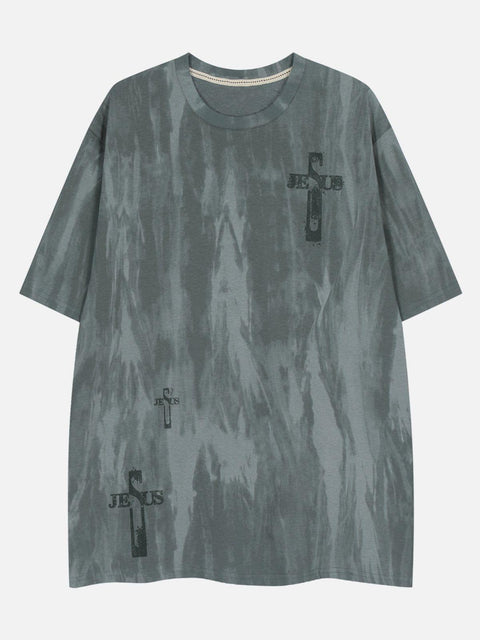 Washed Tie Dye Cross Letters Graphic Tee - Anagoc