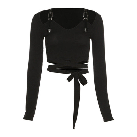 Navel Lace Up Long Sleeve Shirt - Anagoc