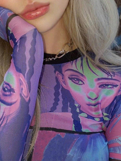 Colorful Cartoon Print Long Sleeve T Shirt - Anagoc