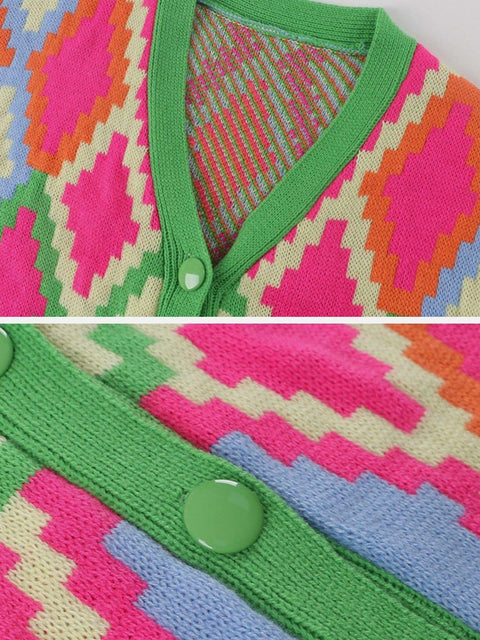 Pixel Plaid Cardigan Sweater - Anagoc