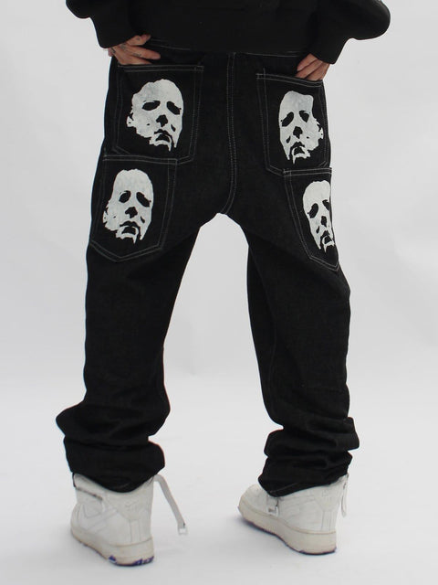 Bat Face Print Jeans - Anagoc