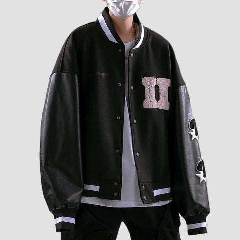 Stitching PU Sleeve Varsity Jacket - Anagoc