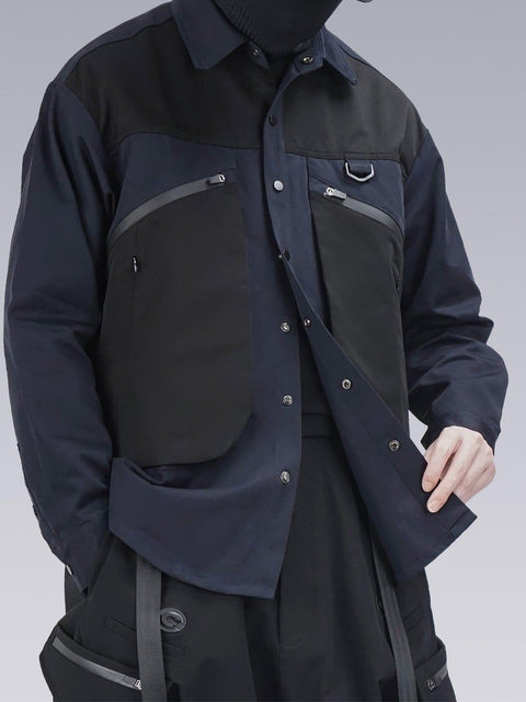 Patchwork Big Pockets Long Sleeve Shirt - Anagoc