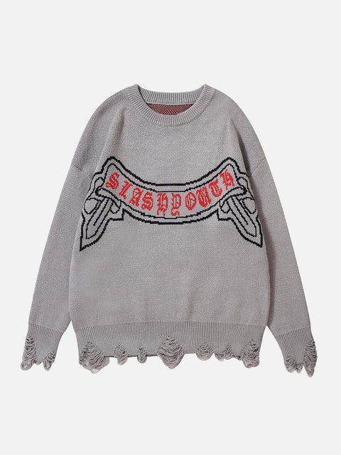 Letters Ripper Hole Sweater - Anagoc