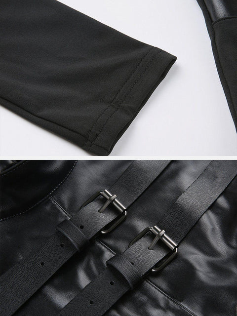 Leather Panel Metal Buckle Long Sleeve T Shirt - Anagoc