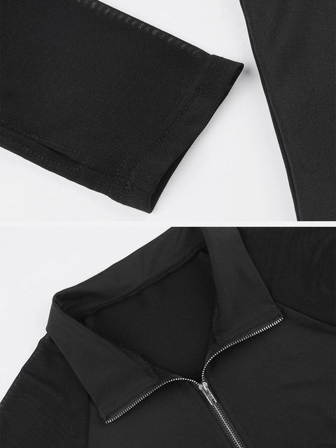 Mesh Nipped Waist Long Sleeve T Shirts - Anagoc
