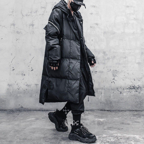 Function Dark Fake Zipper Long Winter Coat - Anagoc