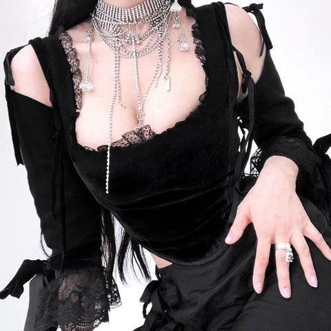 Dark Design Lace Vest Flared Sleeve Long Sleeve T-shirt - Anagoc